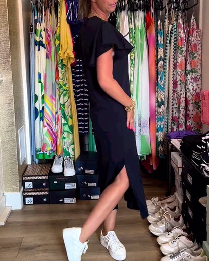 Letter print ruffle sleeve slit casual dress