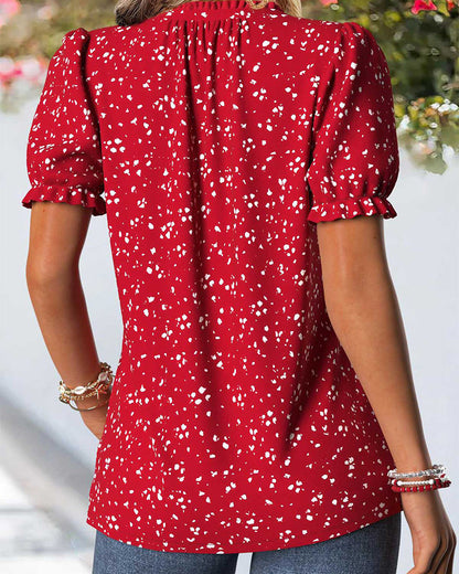 V-Neck Pleated Tiny Floral Blouse