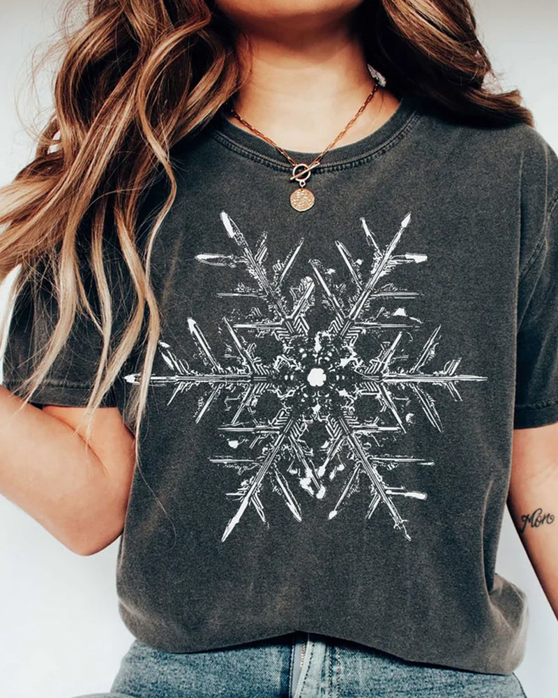 Simple Snowflake Print Round Neck Casual T-shirt 2024 f/w christmas summer t-shirts