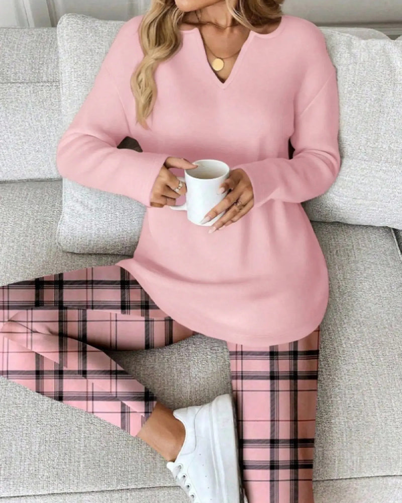 V-Neck Solid Top + Plaid Pants Loungewear Set 2024 f/w spring two-piece sets