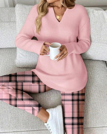 V-Neck Solid Top + Plaid Pants Loungewear Set 2024 f/w spring two-piece sets