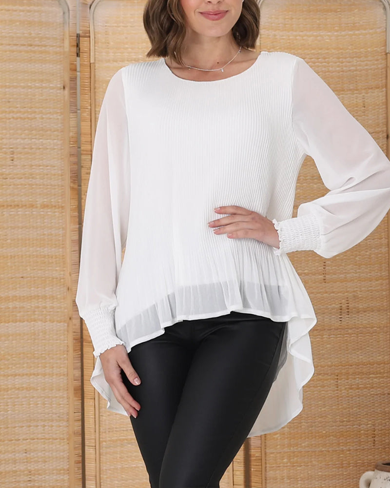 Casual solid color round neck pleated long sleeve top 202466 blouses & shirts spring summer