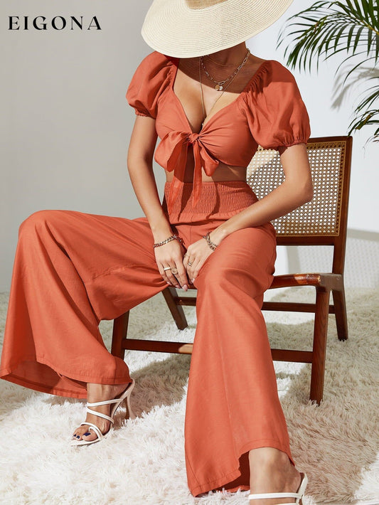 Tie Front Cropped Top and Smocked Wide Leg Pants Set Orange clothes Hanny sets Ship From Overseas Shipping Delay 09/29/2023 - 10/04/2023
