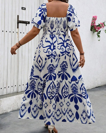 Blue Porcelain Square Neck Print Maxi Dress
