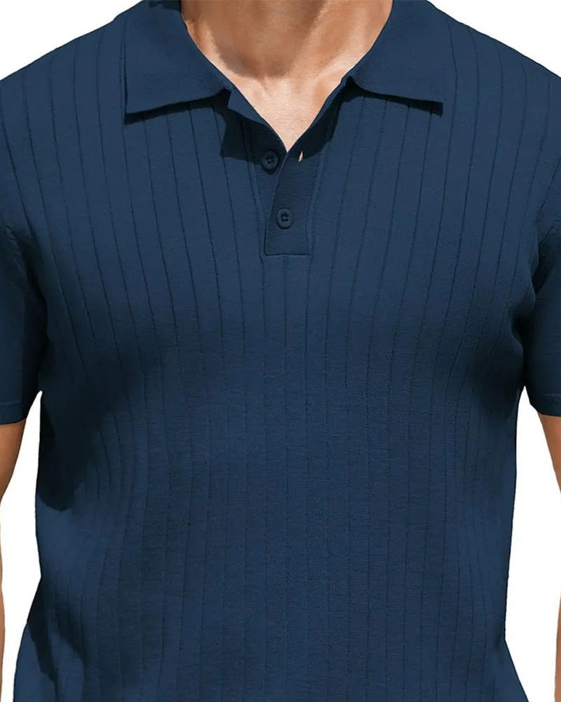 Ribbed Knit Polo Collar T-Shirt