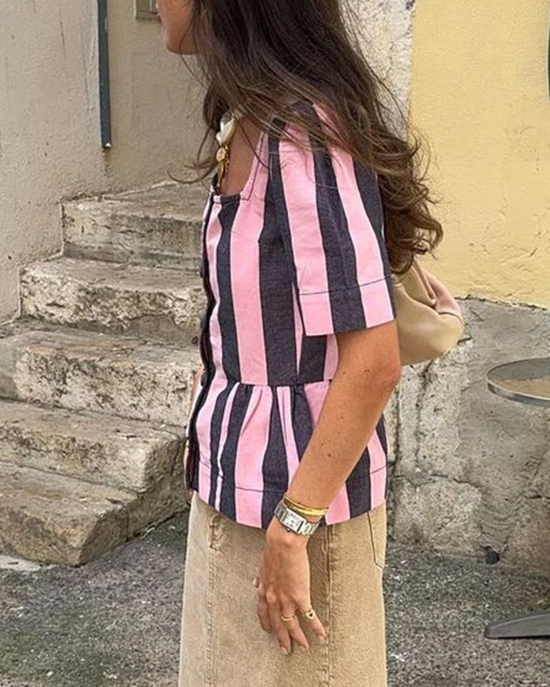 Vertical stripe print short-sleeved casual top 202466 blouses & shirts summer