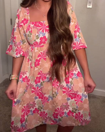 Square-Neck Puff-Sleeve Babydoll Dress
