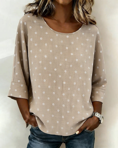 Three-Quarter Sleeve Polka Dot Crew Neck Blouse