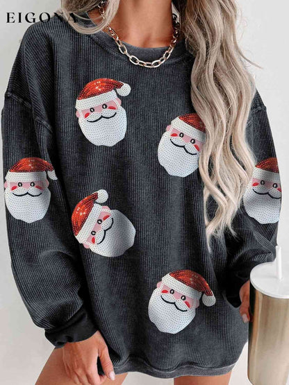 Sequin Santa Patch Ribbed Sweatshirt, Christmas Sweater Black christmas sweater clothes Ship From Overseas Sweater sweaters SYNZ