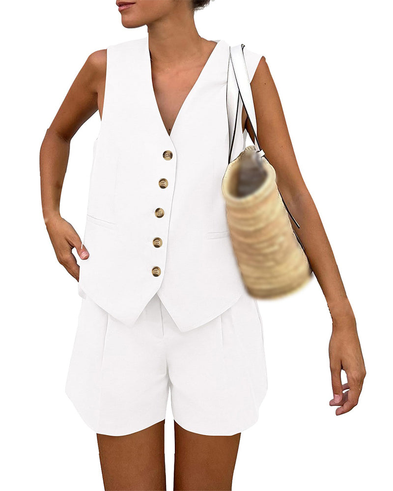 V-Neck Single-Breasted Tank Top Short Set
