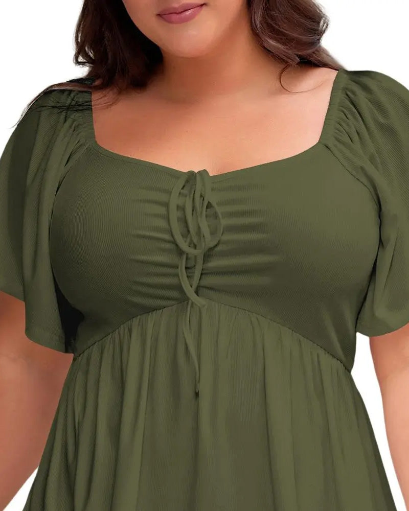 Large Size Square Neck Bubble Sleeve T-Shirt