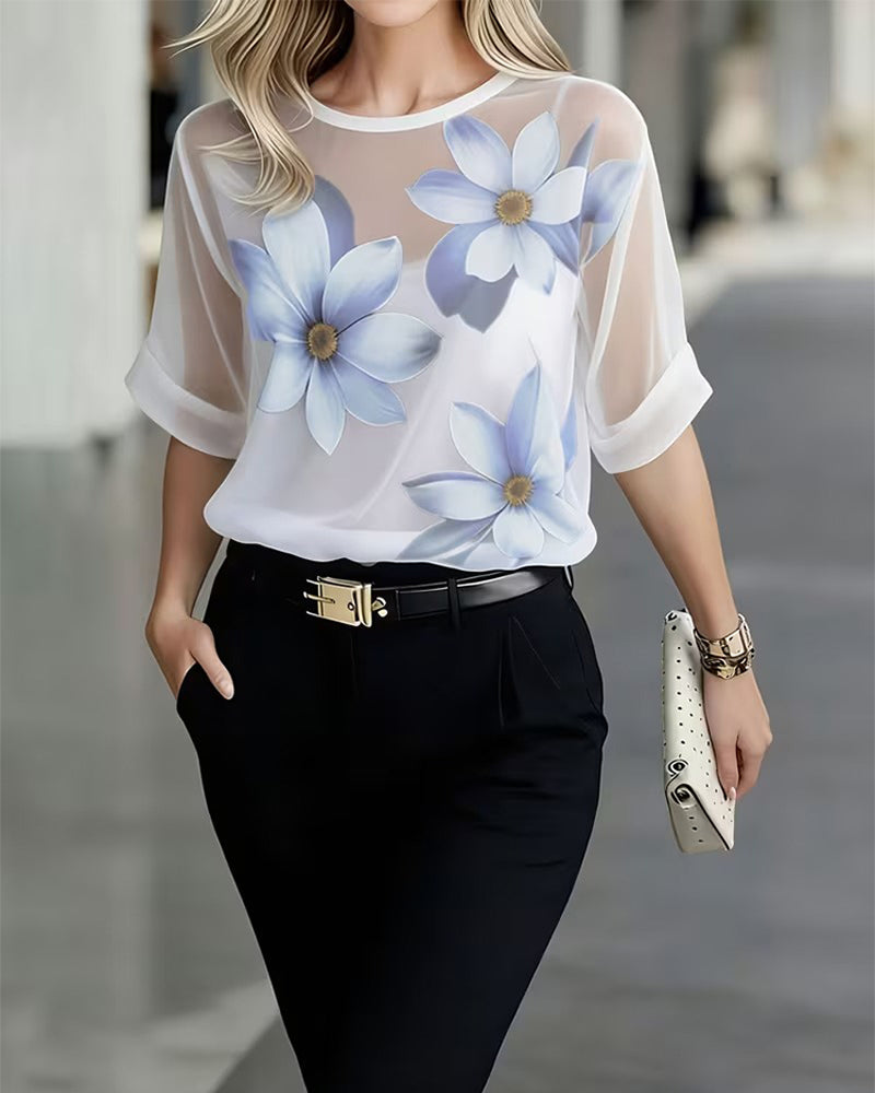 Sheer Floral Print Casual Shirt