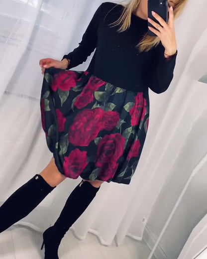 Fashionable rose print patchwork round neck dress 2024 f/w casual dresses