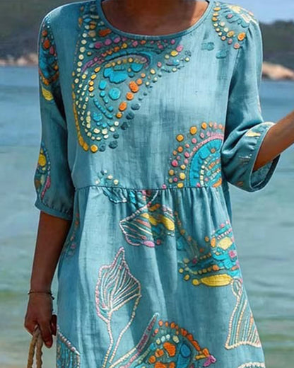 Print Round Neck Shirred Casual Dress