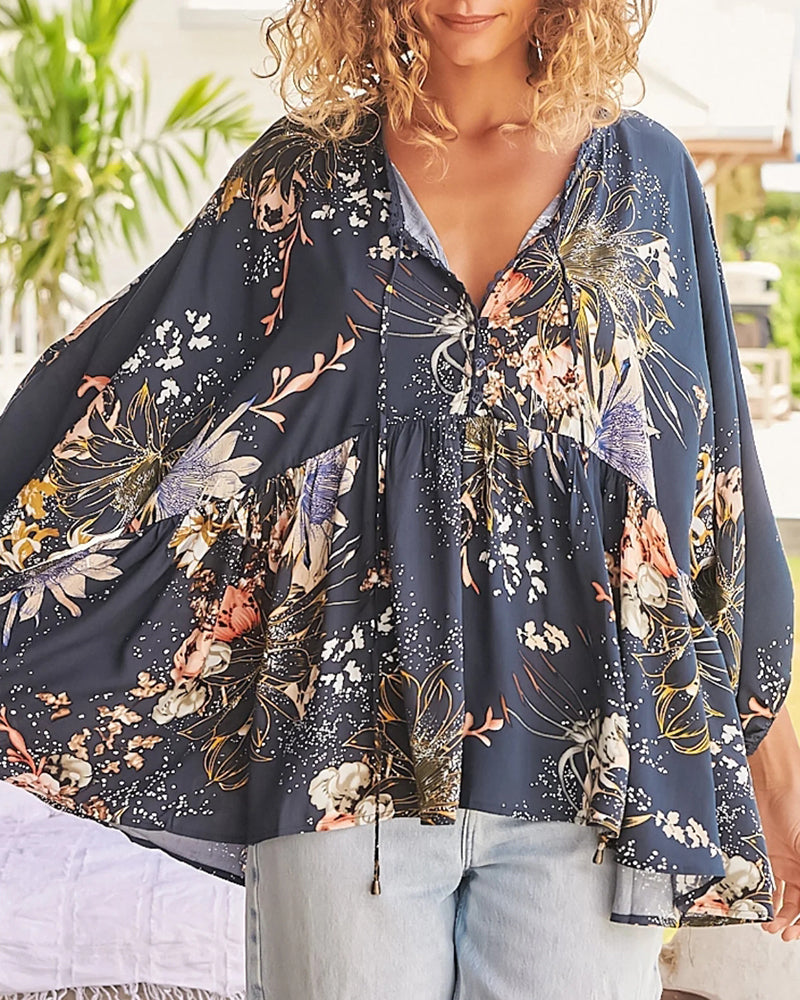 Casual floral print lace-up patchwork blouse 202466 blouses & shirts spring summer
