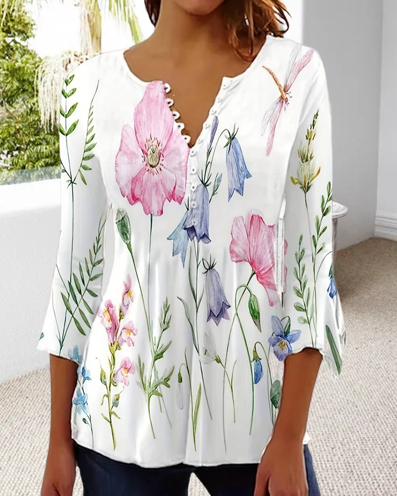 Casual floral print three-quarter sleeve button blouse blouses & shirts spring summer