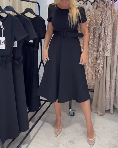 Round Neck Short Sleeve Waist-Defined A-Line Dress