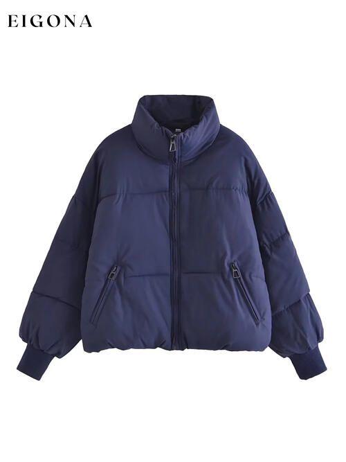 Zip Up Drawstring Winter Coat with Pockets Dark Navy clothes K&BZ Ship From Overseas