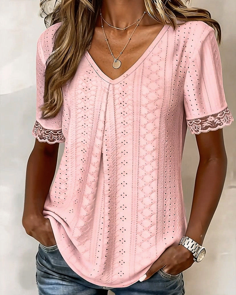 Solid Color V-Neck Cutout Blouse