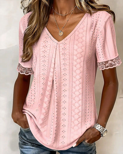Solid Color V-Neck Cutout Blouse