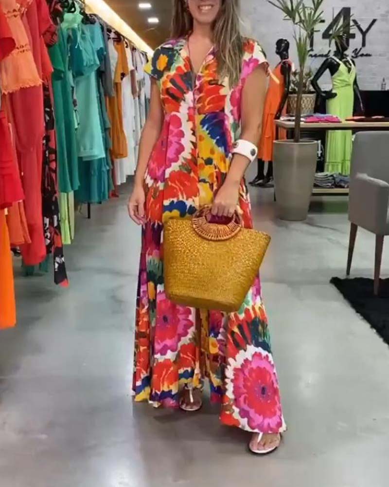 Colorful Floral Print Pocket Dress