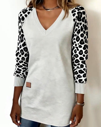 Mid-Length V-Neck Leopard Print Sweatshirt