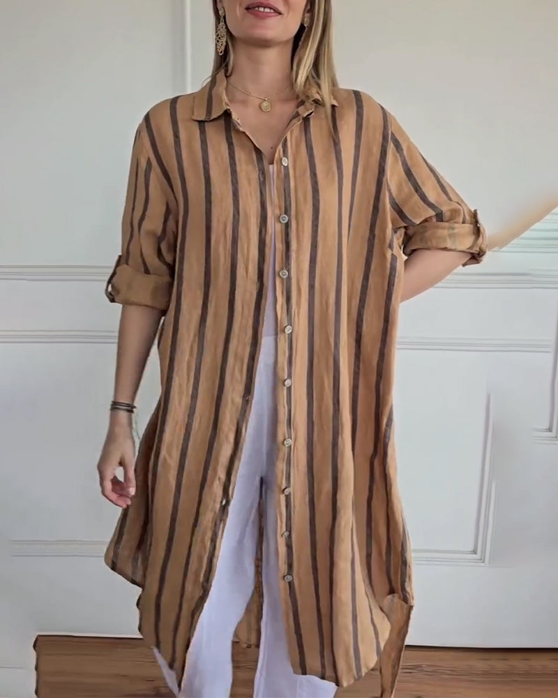 Casual Spread Collar Button Front Striped Dress