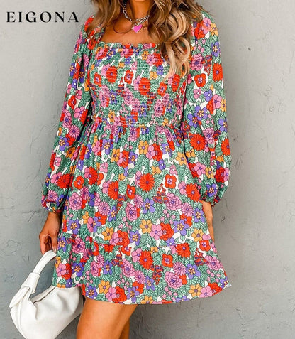 Floral Smocked Bust Square Neck Ruffled Dress All In Stock casual dress clothes Color Multicolor Color Red Craft Smocked dress dresses long sleeve dress long sleeve dresses Occasion Daily Print Floral Season Spring short dresses Silhouette A-Line Style Southern Belle