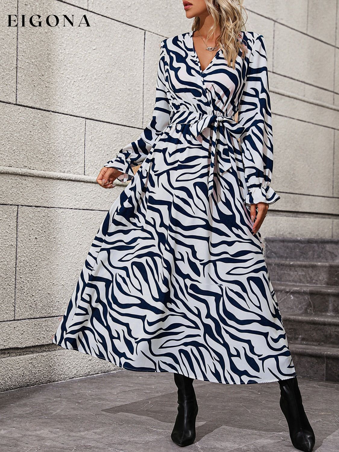 Flounce Sleeve Tie Waist Dress clothes dress dresses long sleeve dress maxi dress Ship From Overseas Shipping Delay 09/29/2023 - 10/03/2023 trendsi Z@Q