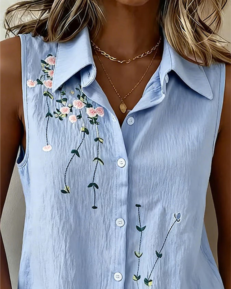 Collared Sleeveless Button Down Blouse