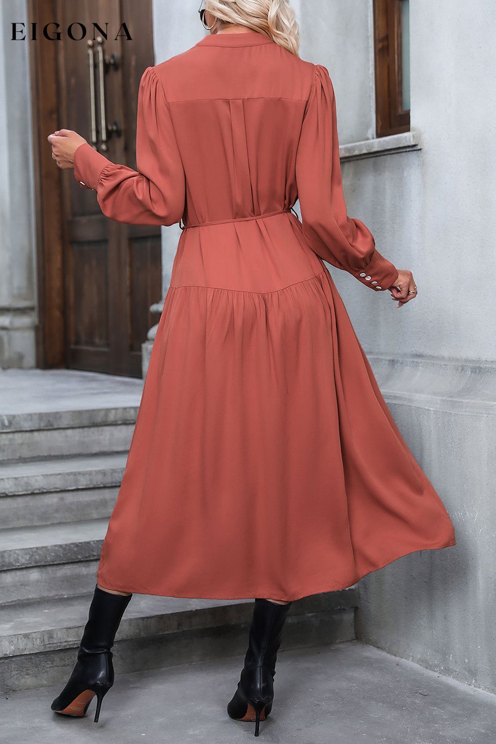 Button Down Notched Neck Dress clothes dress dresses Hundredth Ship From Overseas trendsi