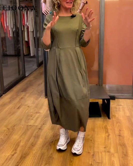 Round Neck 2/3 Sleeve Dress Green 2023 f/w 23BF casual dresses Clothes Dresses spring