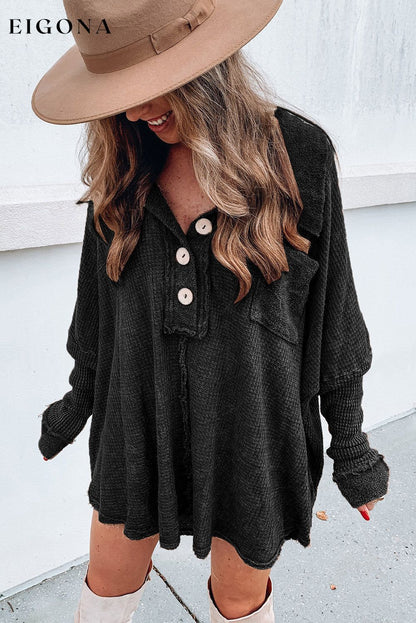 Black Waffle Knit Buttoned Long Sleeve Top Best Sellers clothes Fabric Waffle Knit long sleeve shirts long sleeve top Occasion Daily Print Solid Color Season Fall & Autumn Style Casual
