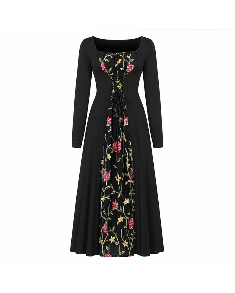 Square Neck Rose Spliced Maxi Dress 2024 f/w casual dresses