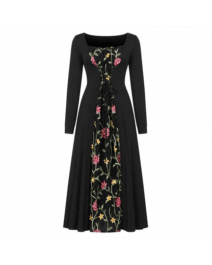 Square Neck Rose Spliced Maxi Dress 2024 f/w casual dresses