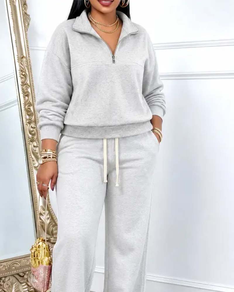 Lapel Zip Pocket Wide Leg Two-Piece Set