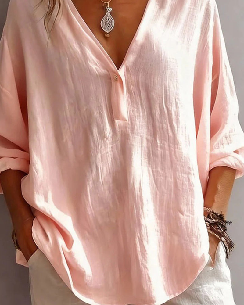 Deep V-Neck Button Half-Placket Linen Blouse