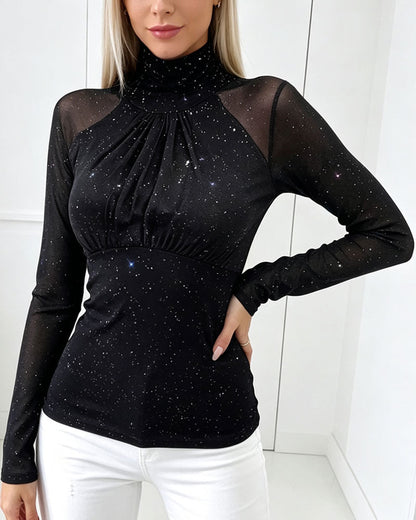 Mock Neck Drop Shoulder Long Sleeve Slim Blouse