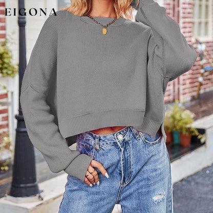 Dropped Shoulder Round Neck Long Sleeve Knit Top Charcoal clothes SF Knit Ship From Overseas trend