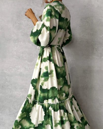 Elegant tie-dye patchwork drawstring balloon sleeve dress casual dresses spring summer