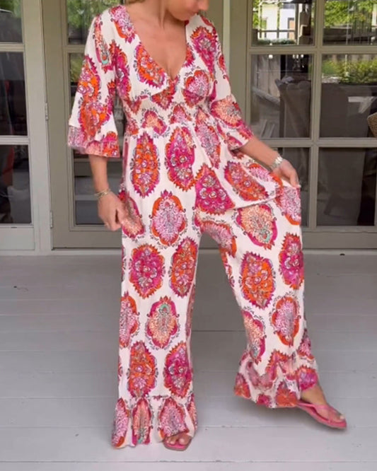 Printed deep V three-quarter sleeve wide leg jumpsuit jumpsuits & rompers spring summer