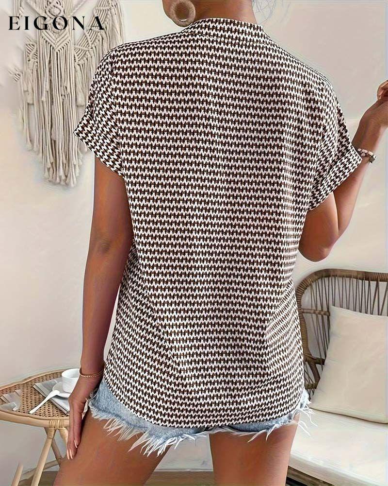 Houndstooth print v-neck elegant short sleeve top blouses & shirts summer