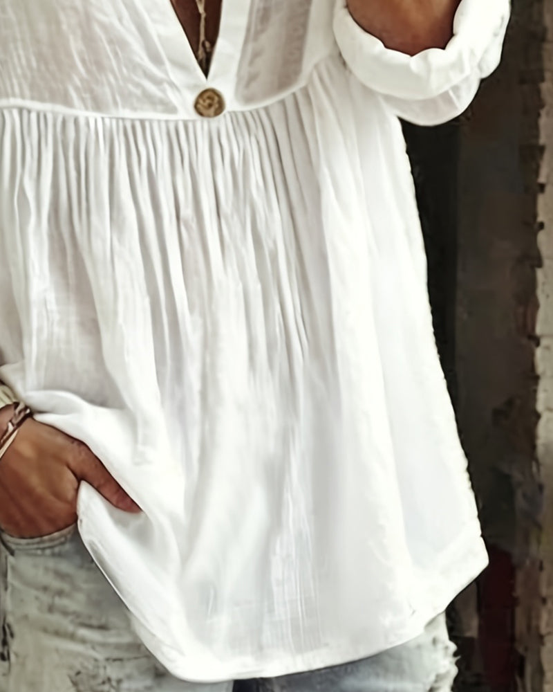 V-Neck Half Placket Long Sleeve Blouse
