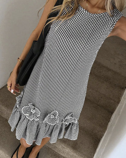 Sleeveless 3D Flower Plaid Dress