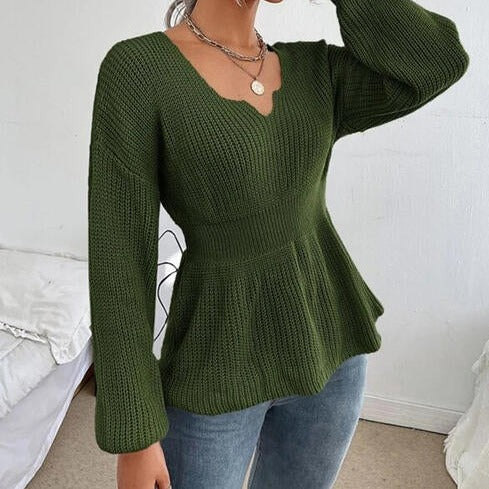 Notched Dropped Shoulder Knit Long Sleeve Top