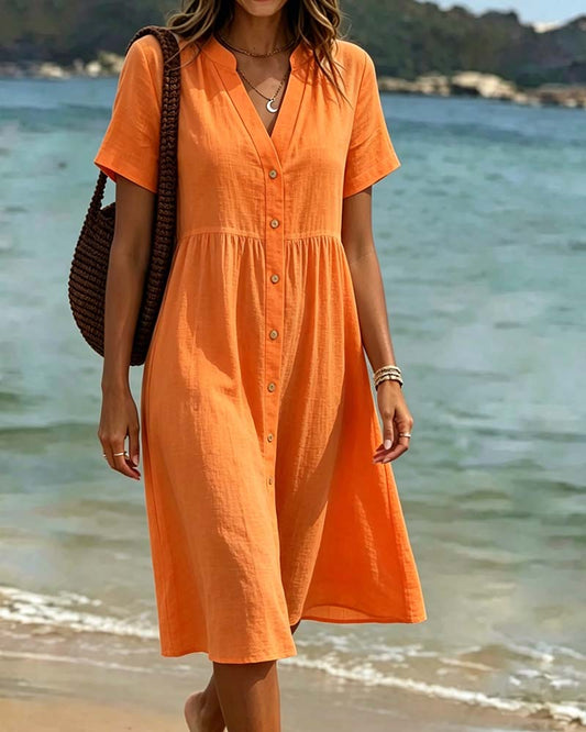 V-Neck Button-Down Resort Style Dress casual dresses spring summer