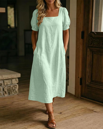 Square Neck Puff Sleeve Pocket Dress