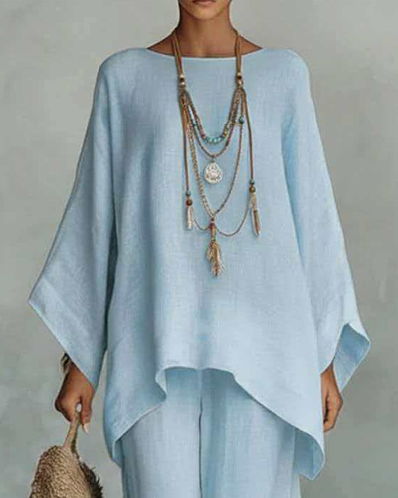 Solid color shirt and wide-leg pants suit