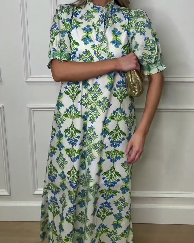 Plant Print Stand Collar Dress