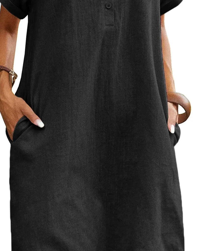 Lapel Button Split Short Sleeve Casual Dress casual dresses spring summer